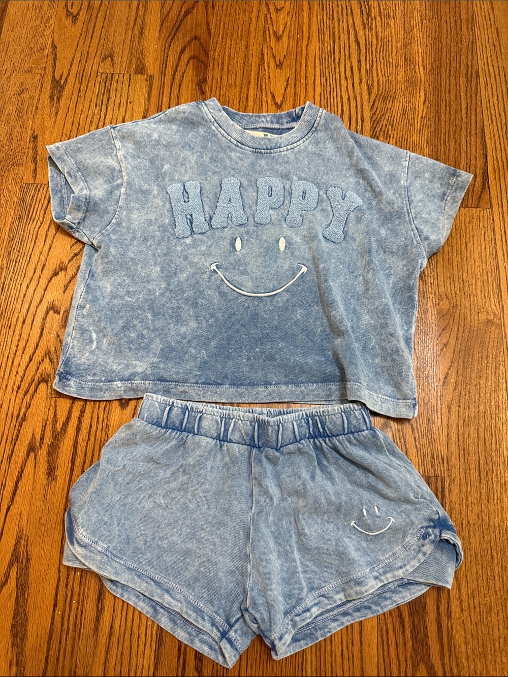 Vintage Havana Blue 'Happy' Smiley Cropped Tee & Shorts Set
